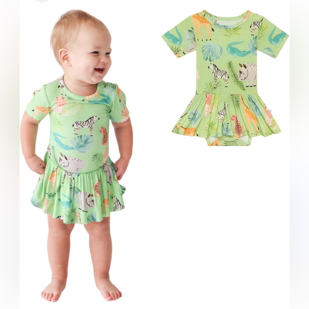 Posh Peanut Short Sleeve Twirl Skirt Bamboo Bodysuit in Safari Animal Print